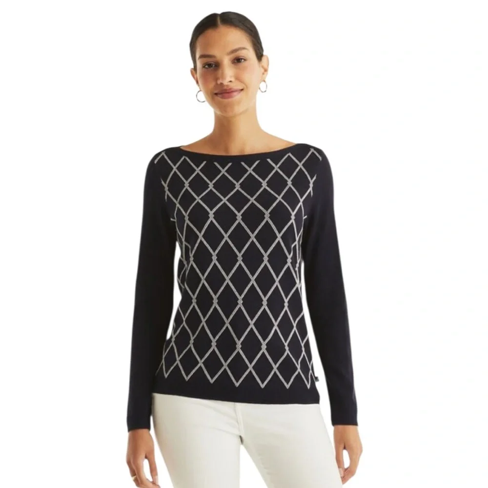 Nautica Jeans Women’s “Intarsia” Navy Blue Knit Boatneck Sweater NWT (O)